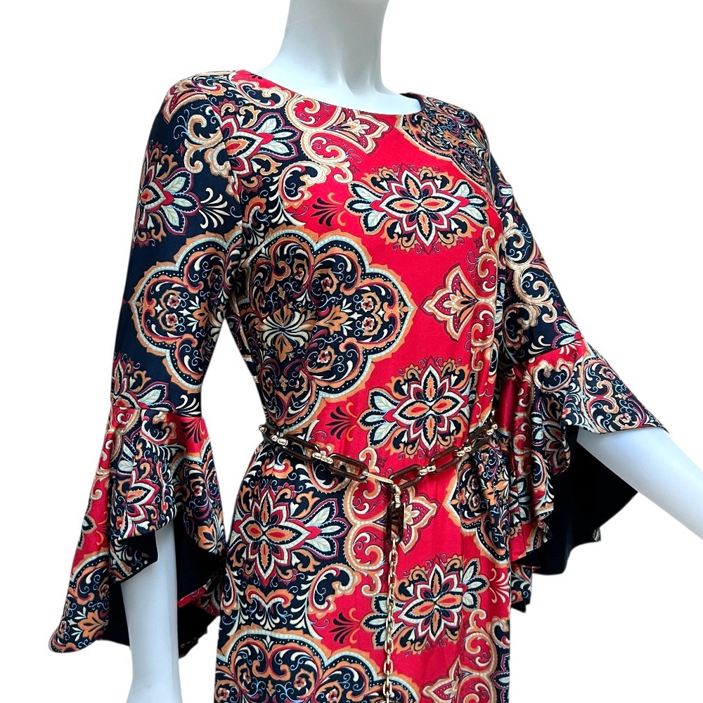 Shelby & Palmer Ruffled Bell Sleeve Red Dress Tribal Boho‎ Artsy Flamenco Sz 10